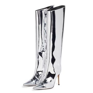 Metallic Stiletto Wide Calf Knee High Boots Side Zipper, Size 36